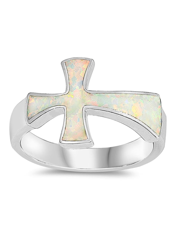 CHOOSE YOUR COLOR White Simulated Opal Sideways Cross Christian Ring 925 Sterling Silver Band CZ Female Size 6