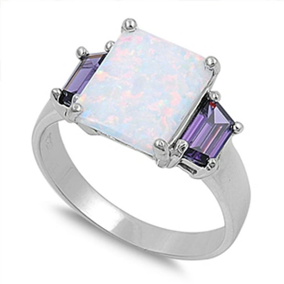 CHOOSE YOUR COLOR White Simulated Opal Solitaire Ring Sterling Silver Band Purple CZ Female Size 6