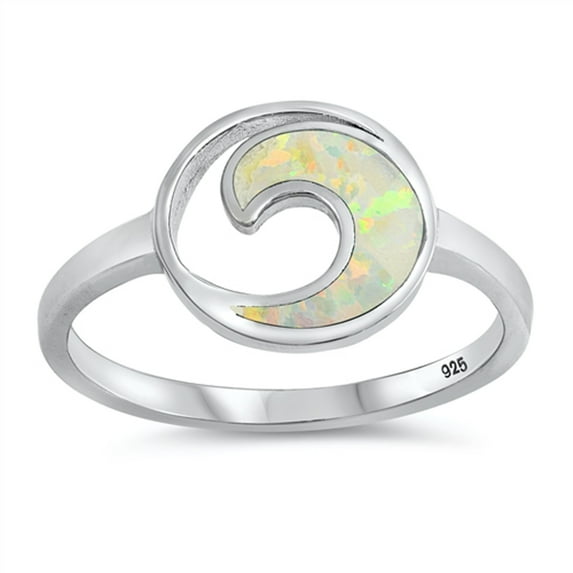 CHOOSE YOUR COLOR White Simulated Opal Spiral Wave Circle Ring .925 Sterling Silver Band CZ Female Size 10