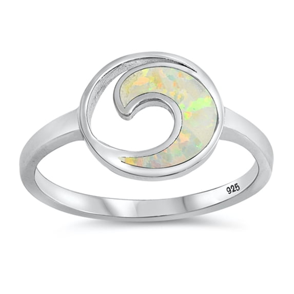 CHOOSE YOUR COLOR White Simulated Opal Spiral Wave Circle Ring .925 Sterling Silver Band CZ Female Size 4