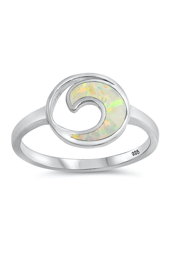 CHOOSE YOUR COLOR White Simulated Opal Spiral Wave Circle Ring .925 Sterling Silver Band CZ Female Size 8