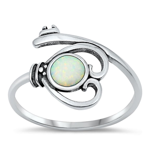 CHOOSE YOUR COLOR White Simulated Opal Spoon Key Ring 925 Sterling Silver Heart Band CZ Female Size 4