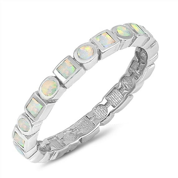 CHOOSE YOUR COLOR White Simulated Opal Square Circle Eternity Ring .925 Sterling Silver Band CZ Female Size 8