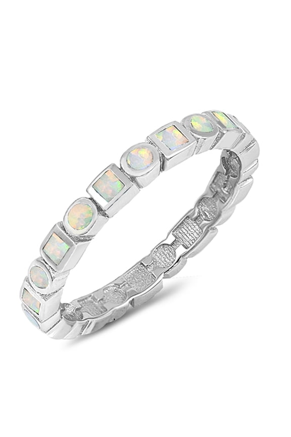 CHOOSE YOUR COLOR White Simulated Opal Square Circle Eternity Ring .925 Sterling Silver Band CZ Female Size 9
