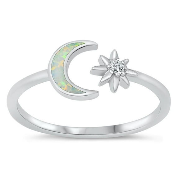 CHOOSE YOUR COLOR White Simulated Opal Star Moon Ring .925 Sterling Silver Band CZ Female Size 7