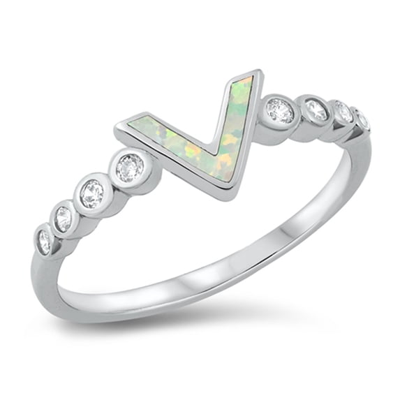 CHOOSE YOUR COLOR White Simulated Opal Studded Chevron Ring .925 Sterling Silver Band CZ Female Size 6