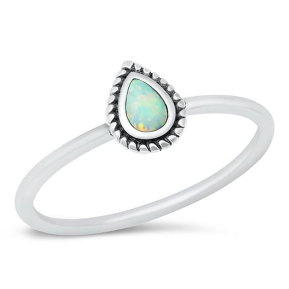 CHOOSE YOUR COLOR White Simulated Opal Tear Drop Ring .925 Sterling Silver Band CZ Female Size 5