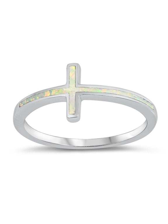 CHOOSE YOUR COLOR White Simulated Opal Thin Sideways Cross Love Ring 925 Sterling Silver Band CZ Female Size 7