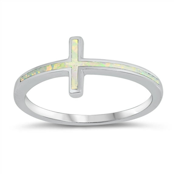 CHOOSE YOUR COLOR White Simulated Opal Thin Sideways Cross Love Ring 925 Sterling Silver Band CZ Female Size 8