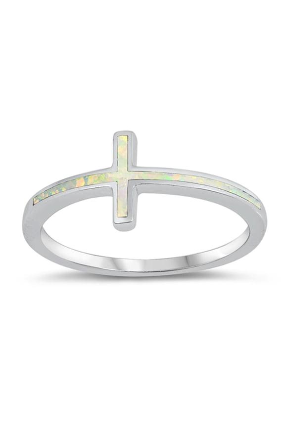 CHOOSE YOUR COLOR White Simulated Opal Thin Sideways Cross Love Ring 925 Sterling Silver Band CZ Female Size 9