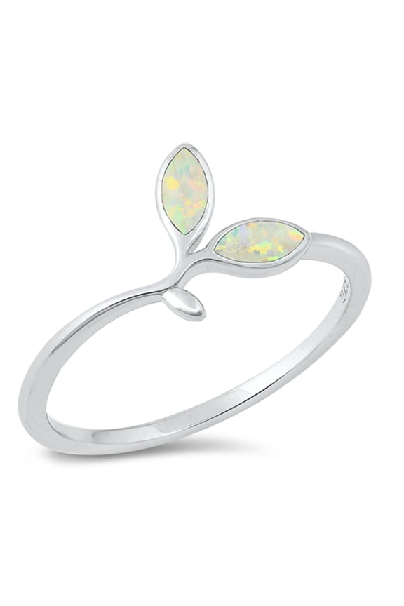 CHOOSE YOUR COLOR White Simulated Opal Tiny Olive Branch Leaf Ring .925 Sterling Silver CZ Female Size 6