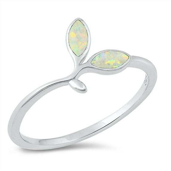 CHOOSE YOUR COLOR White Simulated Opal Tiny Olive Branch Leaf Ring .925 Sterling Silver CZ Female Size 7