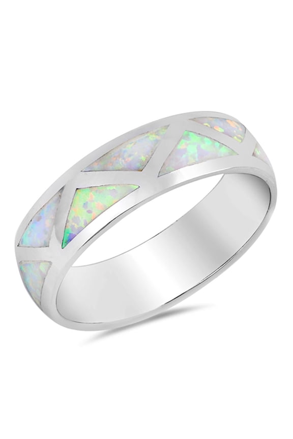 CHOOSE YOUR COLOR White Simulated Opal Triangle Grid Wedding Ring .925 Sterling Silver Band CZ Female Size 5