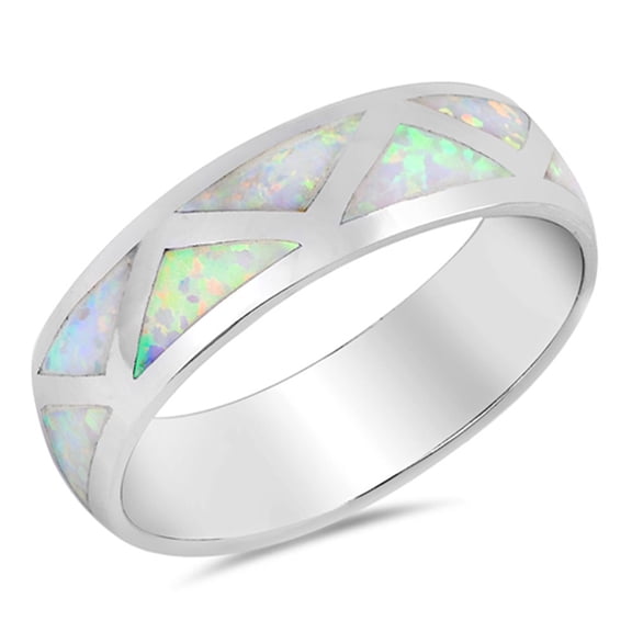 CHOOSE YOUR COLOR White Simulated Opal Triangle Grid Wedding Ring .925 Sterling Silver Band CZ Female Size 8