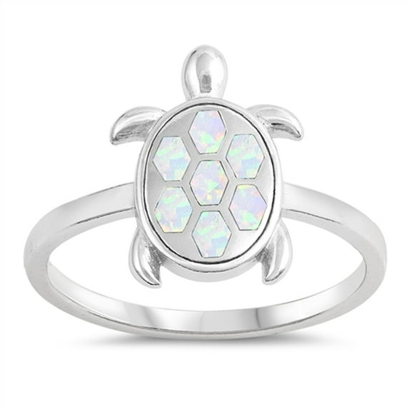 CHOOSE YOUR COLOR White Simulated Opal Turtle Flower Sea Ring .925 Sterling Silver Band CZ Female Size 6