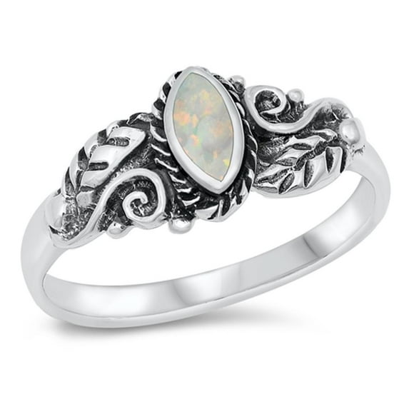 CHOOSE YOUR COLOR White Simulated Opal Victorian Nature Leaf Ring .925 Sterling Silver Band CZ Female Size 9