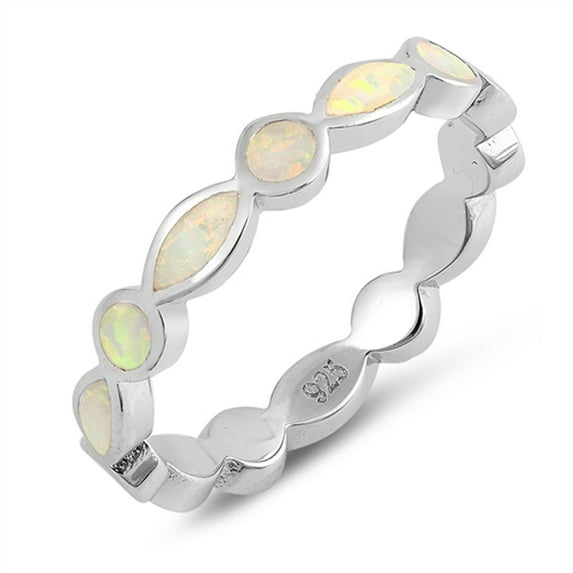 CHOOSE YOUR COLOR White Simulated Opal Wedding Eternity Geometric Ring Sterling Silver Band CZ Female Size 10