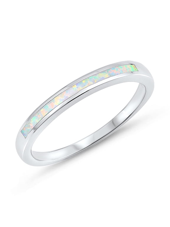 CHOOSE YOUR COLOR White Simulated Opal Wedding Ring .925 Sterling Silver Thin Band CZ Female Size 9