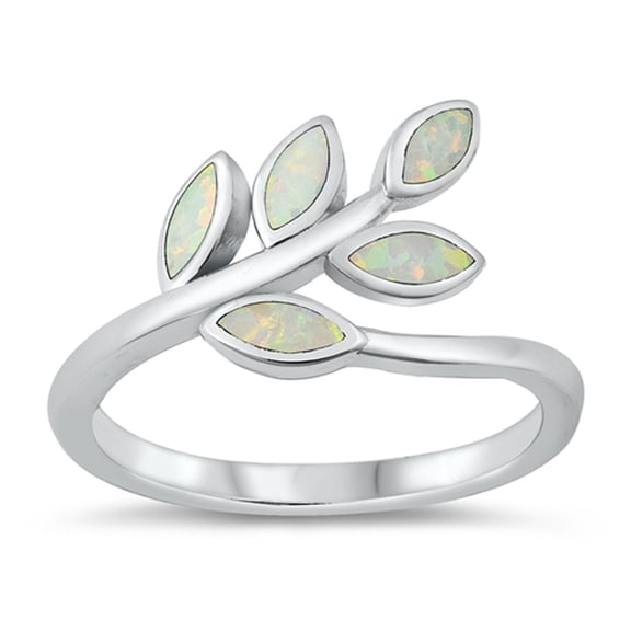 CHOOSE YOUR COLOR White Simulated Opal Woodland Plant Branch Ring .925 Sterling Silver CZ Female Size 6