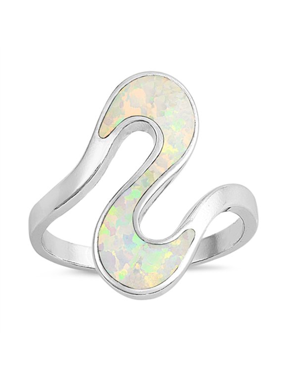 CHOOSE YOUR COLOR White Simulated Opal Zig Zag S Shape Wave Ring .925 Sterling Silver Band CZ Female Size 8