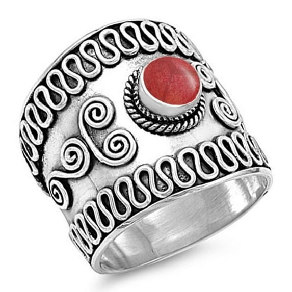 CHOOSE YOUR COLOR Wide Bali Simulated Coral Ring .925 Sterling Silver Swirl Wave Band Red CZ Female Size 7