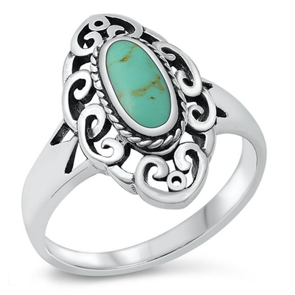 CHOOSE YOUR COLOR Wide Long Simulated Turquoise Filigree Ring .925 Sterling Silver Band Blue CZ Female Size 5