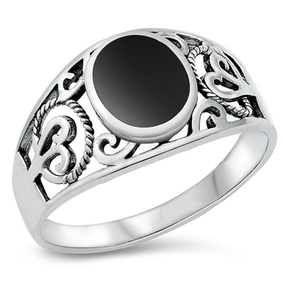 CHOOSE YOUR COLOR Wide Simulated Black Onyx Filigree Bali Rope Ring .925 Sterling Silver Band CZ Female Size 8