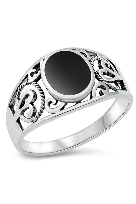 CHOOSE YOUR COLOR Wide Simulated Black Onyx Filigree Bali Rope Ring .925 Sterling Silver Band CZ Female Size 9