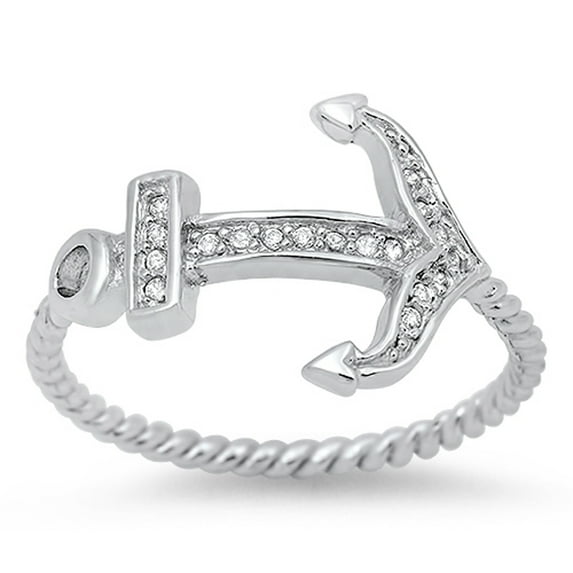 CHOOSE YOUR COLOR Women's Anchor Ring White CZ .925 Sterling Silver Rope Band Female Size 10