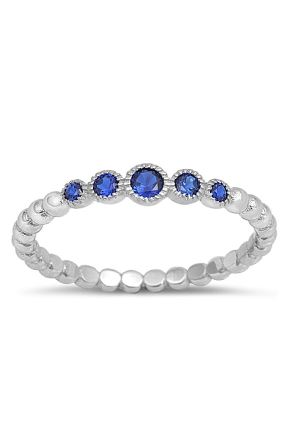 CHOOSE YOUR COLOR Women's Blue Simulated Sapphire Bead Ring .925 Sterling Silver Band CZ Female Size 5