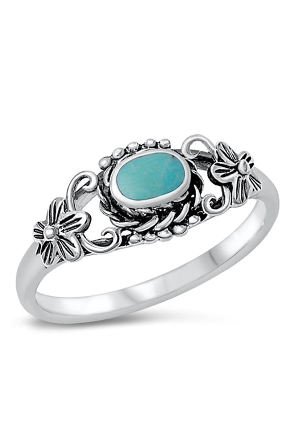 CHOOSE YOUR COLOR Women's Flower Simulated Turquoise Ring .925 Sterling Silver Band Blue CZ Female Size 6