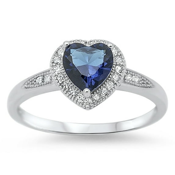 CHOOSE YOUR COLOR Women's Heart Blue Simulated Sapphire Halo Ring 925 Sterling Silver Band CZ Female Size 6