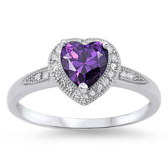 CHOOSE YOUR COLOR Women's Heart Simulated Amethyst Halo Promise Ring .925 Sterling Silver Band Purple CZ Female Size 4