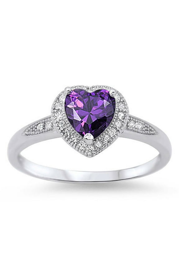 CHOOSE YOUR COLOR Women's Heart Simulated Amethyst Halo Promise Ring .925 Sterling Silver Band Purple CZ Female Size 5