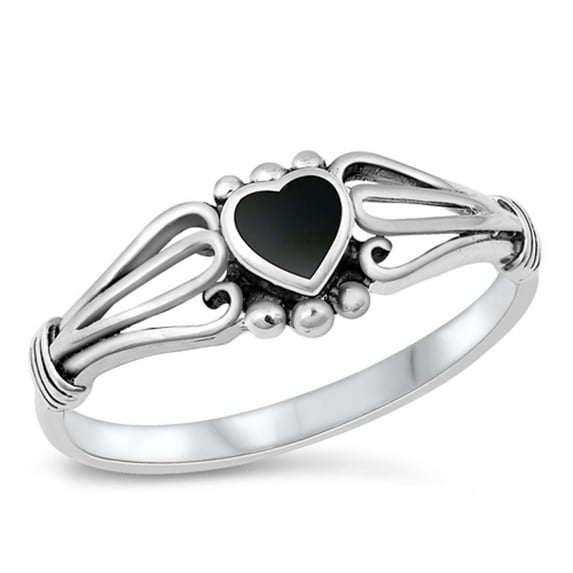 CHOOSE YOUR COLOR Women's Heart Simulated Black Onyx Promise Ring .925 Sterling Silver Band CZ Female Size 6