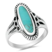 CHOOSE YOUR COLOR Women's Long Simulated Turquoise Ring .925 Sterling Silver Band Blue CZ Female Size 9