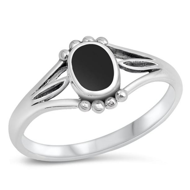 CHOOSE YOUR COLOR Women's Oval Simulated Black Onyx Bead Ring .925 Sterling  Silver Band CZ Female Size 6
