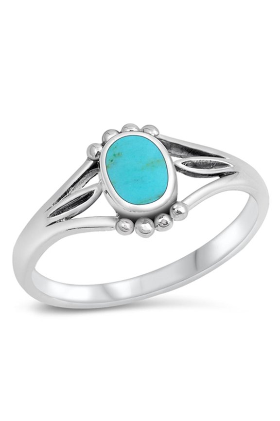 CHOOSE YOUR COLOR Women's Oval Simulated Turquoise Bead Ring .925 Sterling Silver Band Blue CZ Female Size 5