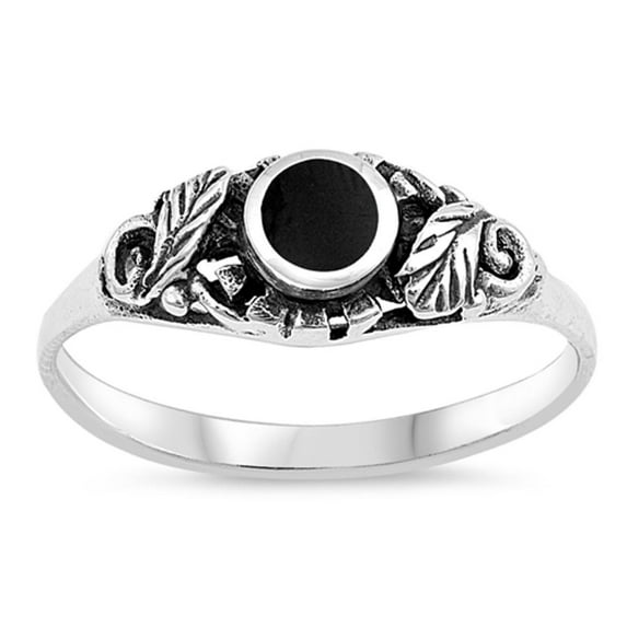 CHOOSE YOUR COLOR Women's Simulated Black Onyx Leaf Ring .925 Sterling Silver Band CZ Female Size 5