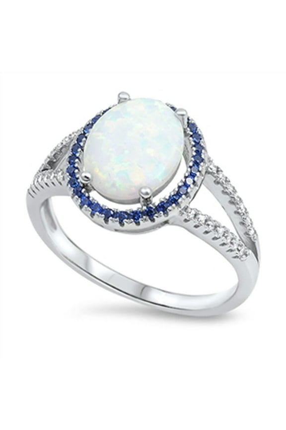 CHOOSE YOUR COLOR Women's White Simulated Opal Blue Simulated Sapphire Halo Ring .925 Sterling Silver CZ Female Size 6