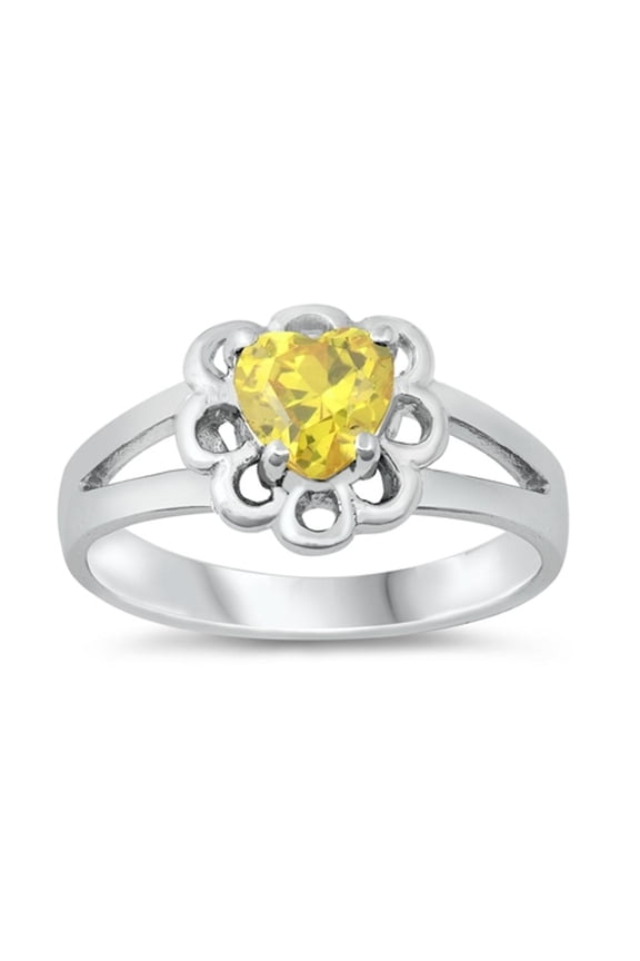 CHOOSE YOUR COLOR Yellow CZ Heart Flower Cutout Ring .925 Sterling Silver Band Female Size 1