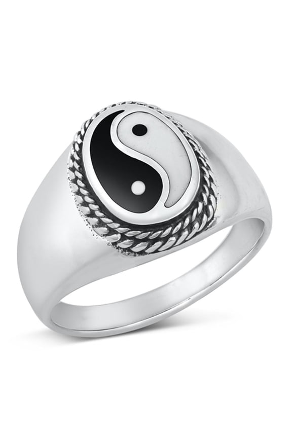 CHOOSE YOUR COLOR Yin Yang Simulated Black Onyx Ring .925 Sterling Silver Band CZ Female Size 11