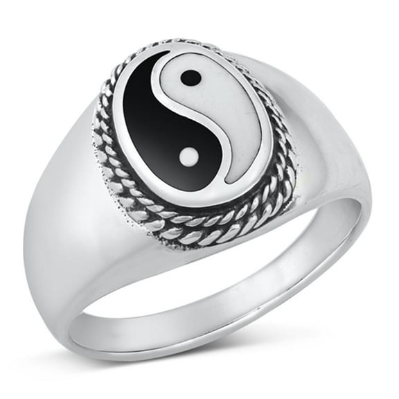 CHOOSE YOUR COLOR Yin Yang Simulated Black Onyx Ring .925 Sterling Silver Band CZ Female Size 7