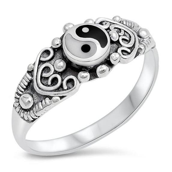 CHOOSE YOUR COLOR Yin Yang Simulated Mother of Pearl Simulated Black Onyx Ring 925 Sterling Silver Band Female Size 9