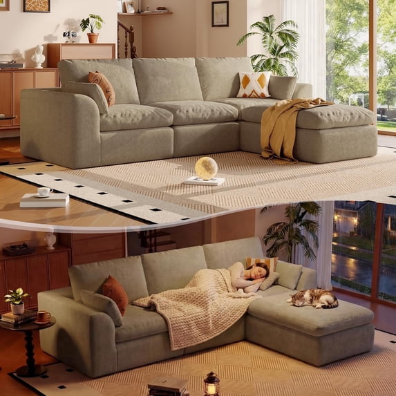 DILORA 108'' Boneless Cloud couches for Livingroom,Sectional L-Shape Couch With Ottoman,3 Seater Convertible Modular Soft sofa,Camel