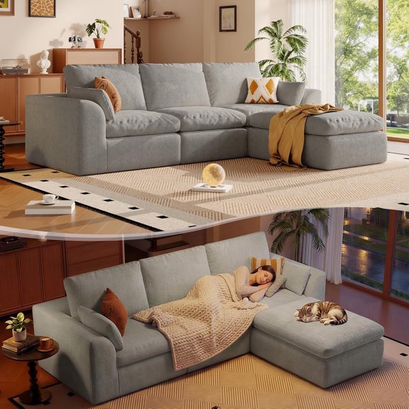 CHORRO 108'' Boneless Cloud couches for Livingroom,Sectional L-Shape Couch With Ottoman,3 Seater Convertible Modular Soft sofa,Gray