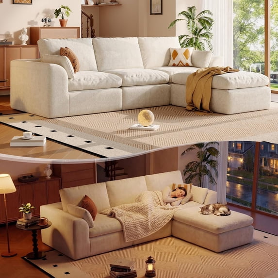 DILORA 108'' Boneless Cloud couches for Livingroom,Sectional L-Shape Couch With Ottoman,3 Seater Convertible Modular Soft sofa,White
