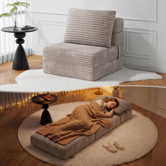 CHORRO Folding Sofa Bed, 3-in-1 Convertible Boneless Floor Futon Couch, Corduroy Fold-Out Sleeper Chair with Pillow, Portable No-Assembly Single Chaise Lounge for Living Room, Bedroom,Camel