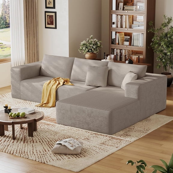 DILORA Sectional Boneless Cloud Sofa,Modern Modular L-shape Couch for living room,Corduroy Convertible Sponge Sleeper Sofas(Camel,Right Chaise)108''