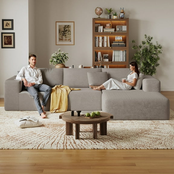 CHORRO Sectional Boneless Cloud Sofa,Modern Modular L-shape Couch for living room,Corduroy Convertible Sponge Sleeper Sofas(Camel,Right Chaise)108''